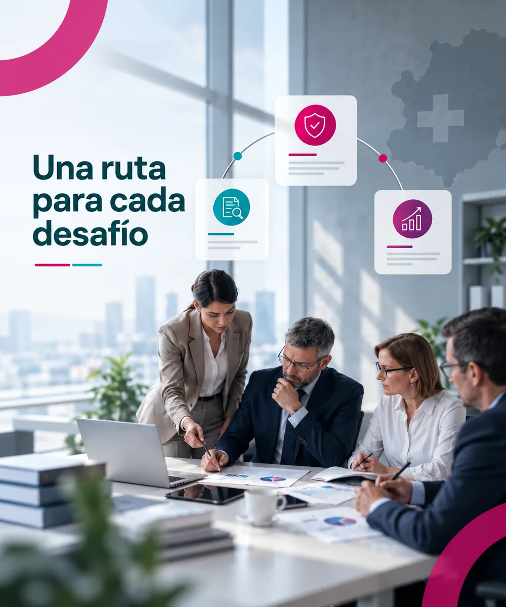 Una ruta para cada desafío: equipo de ANTOVIC revisando informes en una reunión, con los pasos de estrategia, cumplimiento regulatorio y resultados